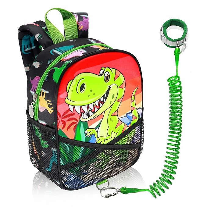 Backpack Leash for Toddlers, Dinosaur Kids Backpacks with Anti Lost Wrist Link, Children Mini Travel Bag for Baby Boys Girls