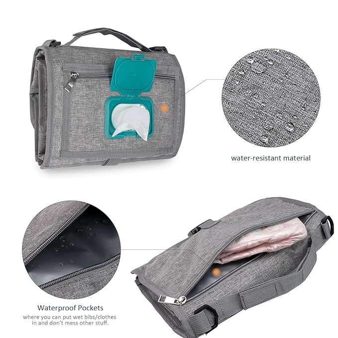 Portable Diaper Changing Pad for Baby - Waterproof Travel Changing Mat with Wipe Dispenser Pocket & Stroller Straps | Baby Registry Must Haves, Newborn Essentials & Baby Gift for Girls and Boys (Grey)
