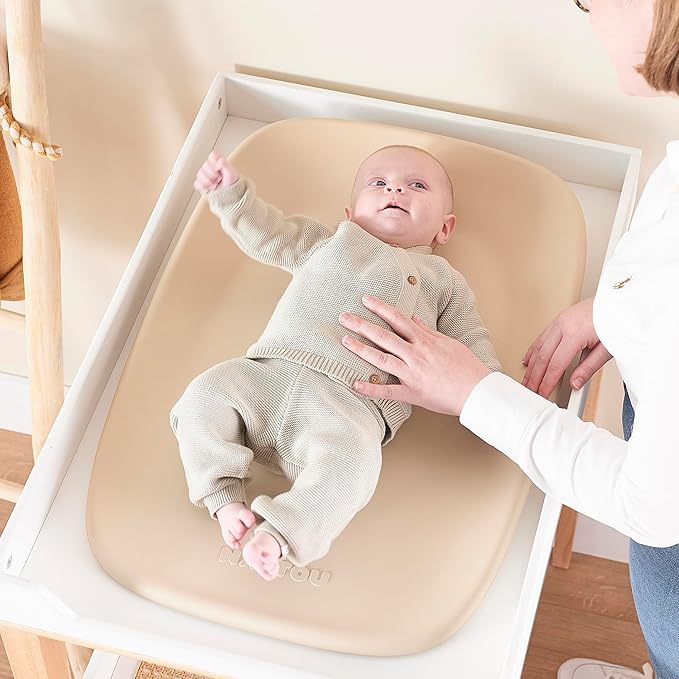 Nattou Softy Changing Pad - Wipeable Baby Changing Mat- Durable, Water-Resistant, Cocoon Shape with Honeycomb Bottom Grips BPA-Free, Assimilates Room Temperature - Beige
