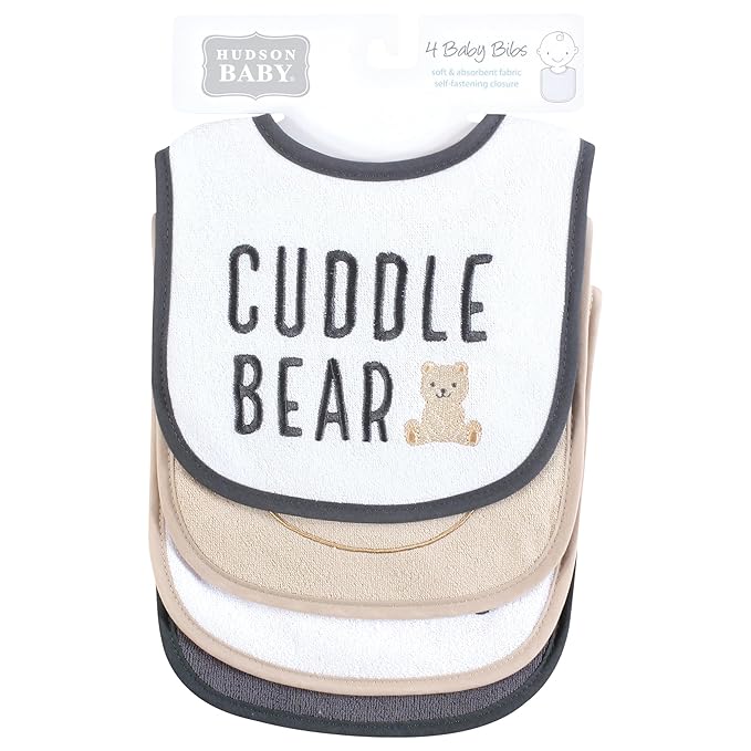 Hudson Baby Cotton Terry Drooler Bibs with Fiber Filling, Cuddle Bear, One Size