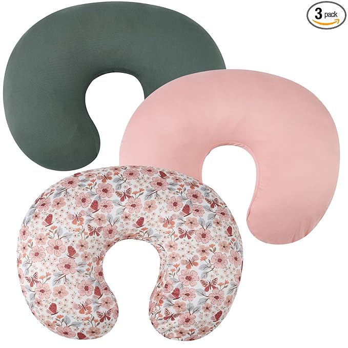 Nursing Pillow Cover Set 3 Pack Nursing Pillow Slipcovers for Moms Breastfeeding Moms, Ultra-Soft Stretchy Fit Standard Nursing Pillows Green/Pink/Floral