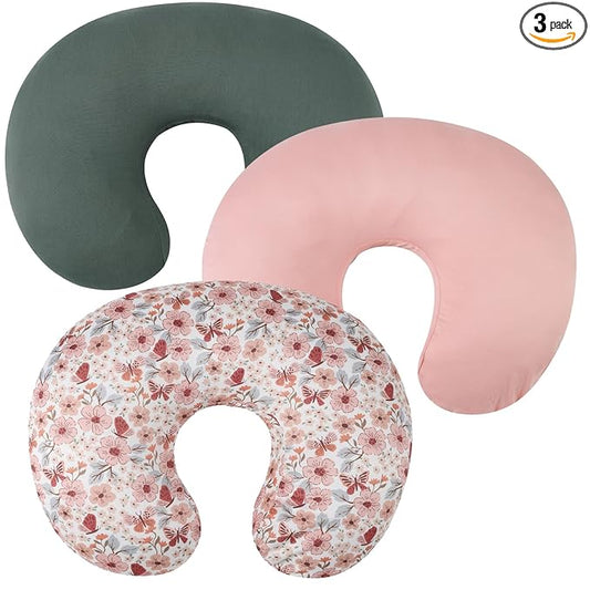 Nursing Pillow Cover Set 3 Pack Nursing Pillow Slipcovers for Moms Breastfeeding Moms, Ultra-Soft Stretchy Fit Standard Nursing Pillows Green/Pink/Floral