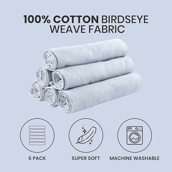 Deluxe 100% Natural Cotton Birdseye Cloth Diapers for Babies - Absorbent Cloth Diapers Burp Cloths - Blue - 6 Pack