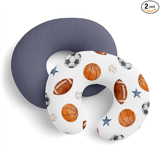 Sweet Jojo Designs 2-Piece Muslin Nursing Pillow Covers Set (Sports Theme) for Newborn Baby Boys 100% Cotton Breastfeeding Pillowcases-PILLOW NOT INCLUDED (Solid Blue, Watercolor Vintage Sport Themed)