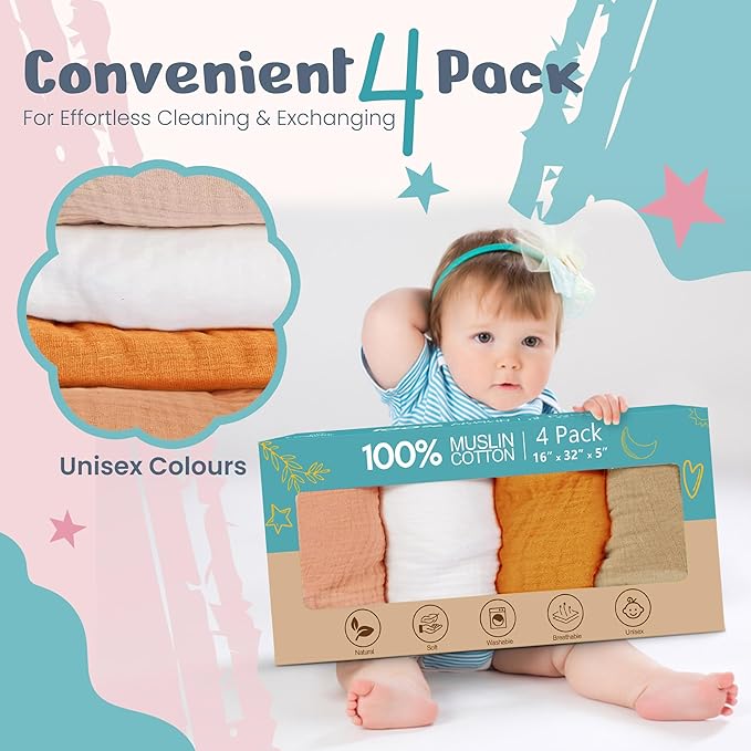 100% Muslin Changing Pad Cover Ultra Soft 120GSM Baby Changing Pad Covers for Girls and Boys - Easy wash Diaper Changing pad Cover with Low Shrinkage (4 Pack - White/Beige/Caremal/Retroyellow)