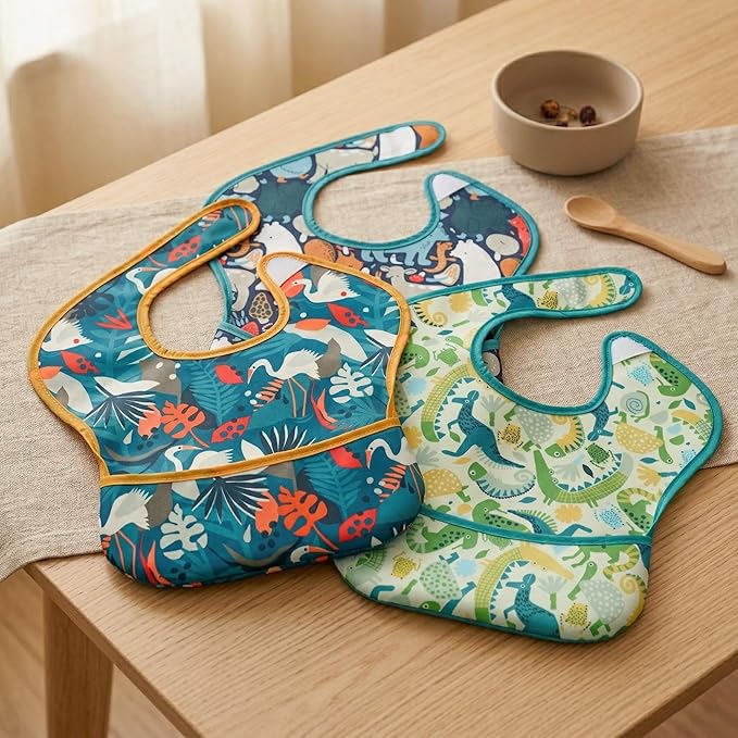 3-Pack Waterproof Baby Bibs for Eating - Mess Proof Lightweight Toddler Feeding Bibs with Large Food Catcher, Food-Grade Baby Eating Essentials, Easy to Put On & Clean(Green Animals)