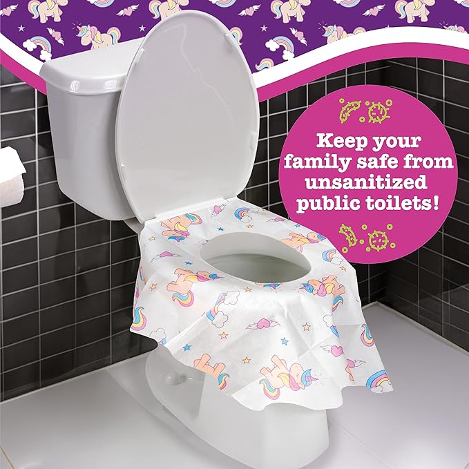 Potty Shields Toilet Seat Covers Disposable (20 pk, Unicorns) - XL Waterproof Toilet Cover for Toddlers, Kids & Adults - Portable & Individually Wrapped for Travel, Potty Training, Public Restrooms