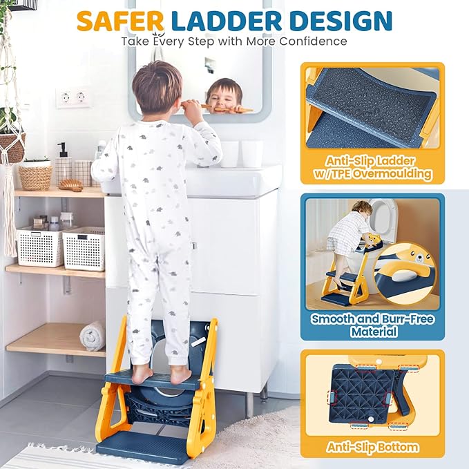 Orzbow Potty Training Seat | Upgrade Toddler Potty Training Toilet with Step Stool, 2-in-1 Stability Toilet Seat for Boys Girls | with Splash Guard, Anti-Slip Pad, Ladder, and Height Adjustable, Blue