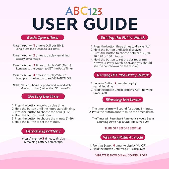 ABC123 Potty Training Watch 3 (2023 Edition) - Baby Reminder Water Resistant Timer for Toilet Training Kids & Toddler with Wireless Charging (Pink)
