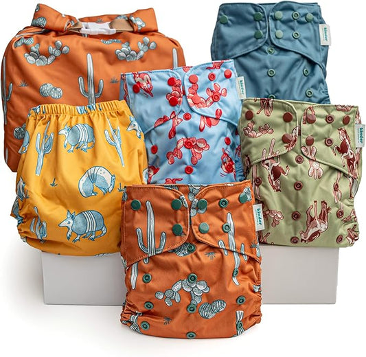 Kinder Cloth Diapers Reusable Baby Diapers Pocket Style Athletic Wicking Jersey, Wet Bag, Newborn to Potty Training 7-60lbs, One Size, Inserts NOT Included (Western Wildlife, 5 Pack, Without Inserts)