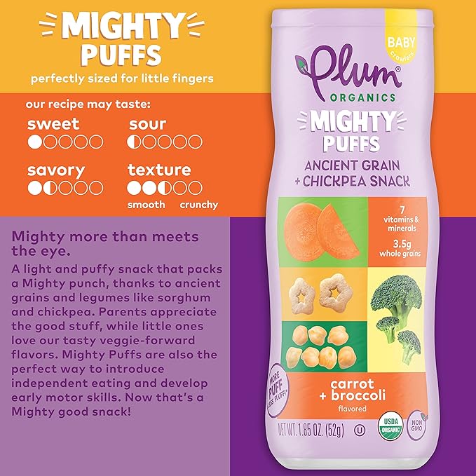 Plum Organics Mighty Puffs Snack For Babies - 12ct Bundle - Includes Beet & Strawberry (Pack of 6) and Carrot & Broccoli (Pack of 6) - Ancient Grain & Chickpea Snacks