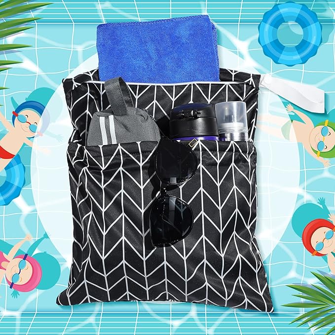 Frienda 4 Pieces Cloth Diaper Wet Dry Bag, Waterproof Reusable Washable Bag for Baby Items and Travel Zippered Pockets with Handle, Beach, Swimsuit, Dirty Gym Clothes and Toiletries(Dark Geometric)