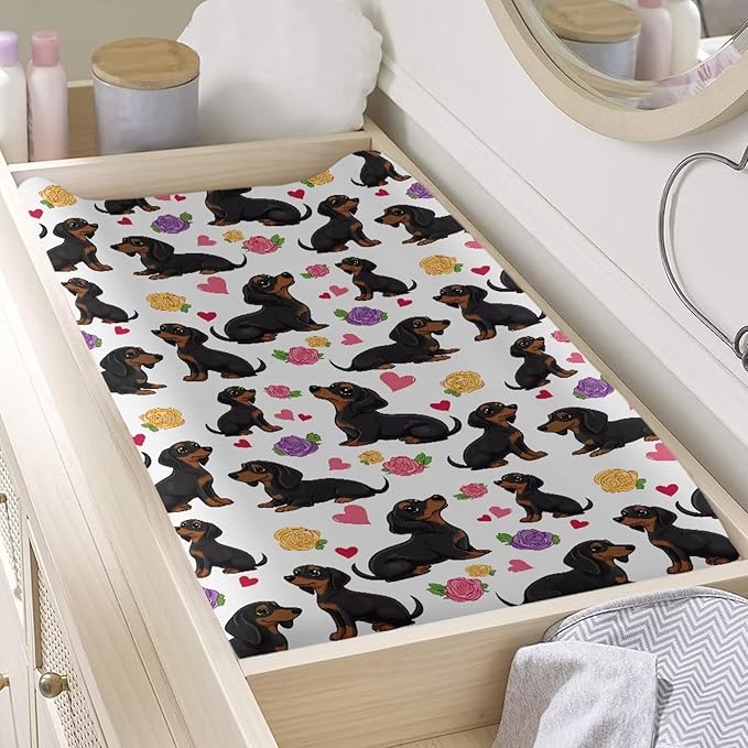 Dachshund Dog Cute Changing Pad Cover Baby Boy, Soft Stretchy Diaper Change Table Covers Fit 32'' x 16 ''Diaper Changing Table Mat Sheets, One Size, Rose Floral Change Mat Liners