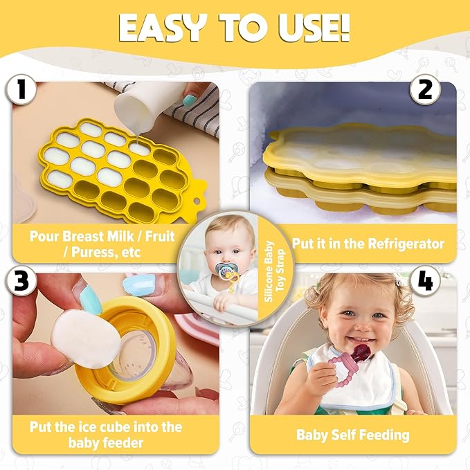 O’doe Silicone Baby Popsicle Molds & 2 Baby Food Feeders with 1 Clip, 1-Pack Freezer Tray with Lid, 18-Hole Popsicle Molds for Teething Relief, Includes 6 Extra Pacifiers, BPA Free
