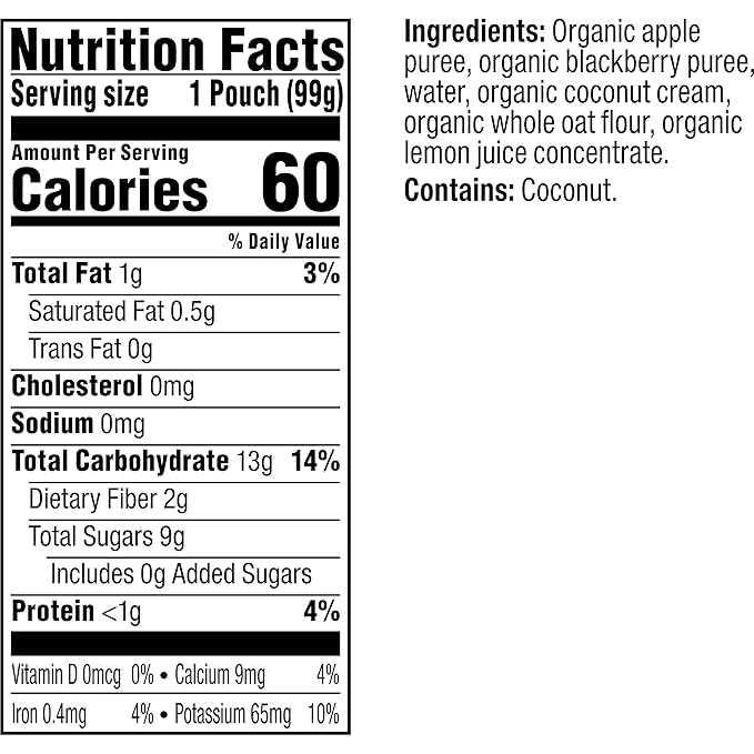 Plum Organics - 6+ Months Organic Baby Food - Apple, Blackberry & Coconut Cream - Non-GMO - Fruit Blends On-The-Go Pouches for Baby & Toddler Meals - Quality Tested Ingredients - 3.5 oz (Pack Of 12)