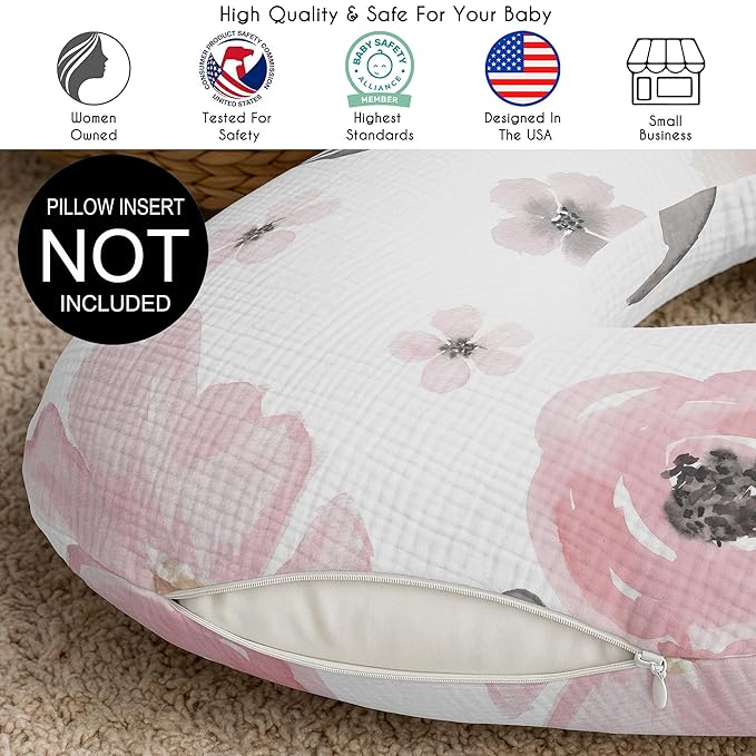 Sweet Jojo Designs Muslin Nursing Pillow Cover (Pink/Grey Watercolor Floral) for Baby Girls, Newborn, Infant 100% Cotton Breastfeeding Pillowcase - Pillow NOT Included (Shabby Chic, Boho, Farmhouse)