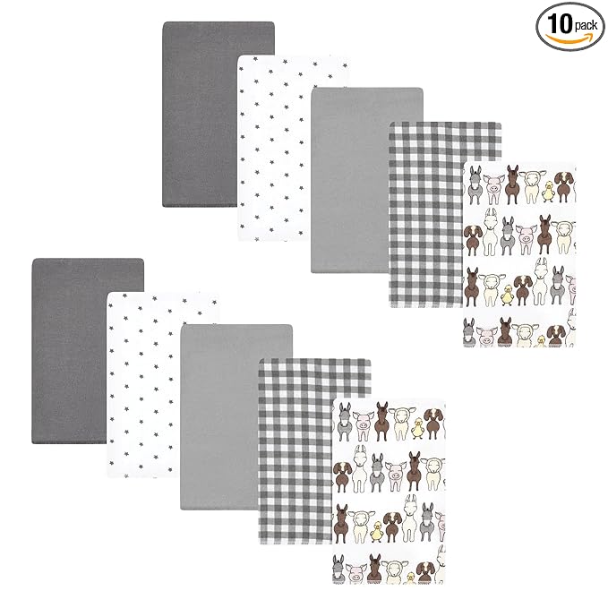 Hudson Baby Unisex Baby Cotton Flannel Burp Cloths 10-Pack, Farm Friends Grey, One Size