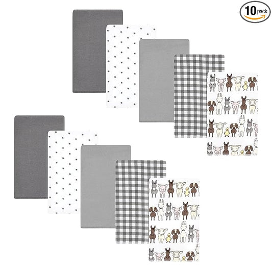 Hudson Baby Unisex Baby Cotton Flannel Burp Cloths 10-Pack, Farm Friends Grey, One Size