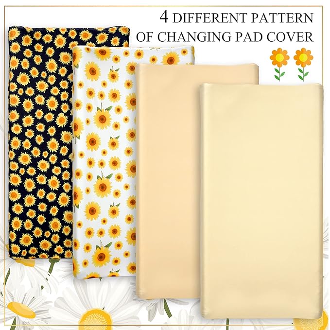 4 Pieces Muslin Sunflower Changing Pad Cover Diaper Fall Floral Change Table Sheets Thanksgiving Day Nursery Changing Pad Sheets Diaper Pad Cover for Baby Boys Girls, 31.5 x 15.75 Inches