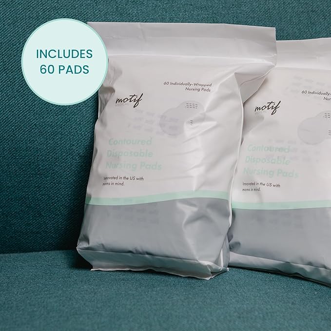 Motif Medical Disposable Nursing Pads for Women - Breathable Breast Milk Pads w/ Adhesive Strips - Individually Wrapped, Contoured Nursing Breast Pads - Nipple Covers for Breastfeeding (Pack of 60)