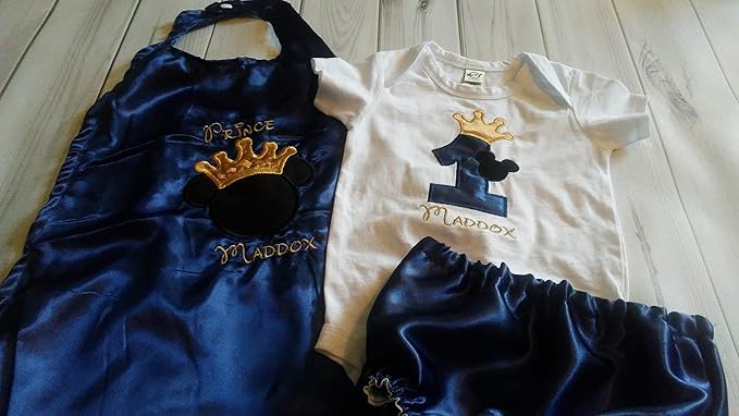 1st 2nd Birthday Smash cake photo prop KING or PRINCE MICKEY NAVY BLUE gold crown onesie cape diaper cover 6 months to 24 months