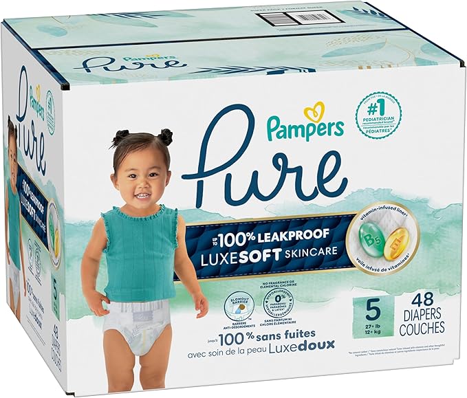 Pampers Pure Baby Diapers, Size 5 (27+ lbs), 48, Up to 100% Leakproof, Premium Hypoallergenic Soft Diapers