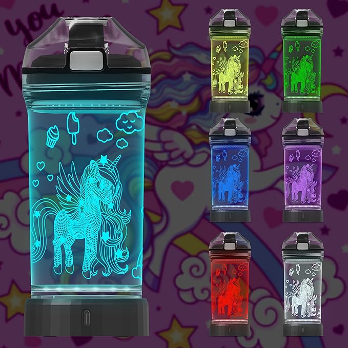 Attivolife Unicorn Water Bottle, Light up Cup for Kids Time Marker with 7 Color Changing LED Light - 14 OZ BPA Free - Unique Travel Cup Drink Day Gift for School Kid Girl Child Holiday Camping Picnic