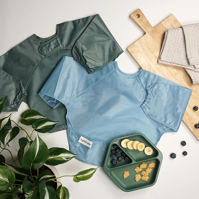 Tiny Twinkle Long Sleeve Bib for Babies & Toddlers | 2-Pack Waterproof Smock Bib for Eating | Machine Washable & Mess-Proof Feeding Essentials | Newborn Shower Gift (Slate Olive,2-4Y)