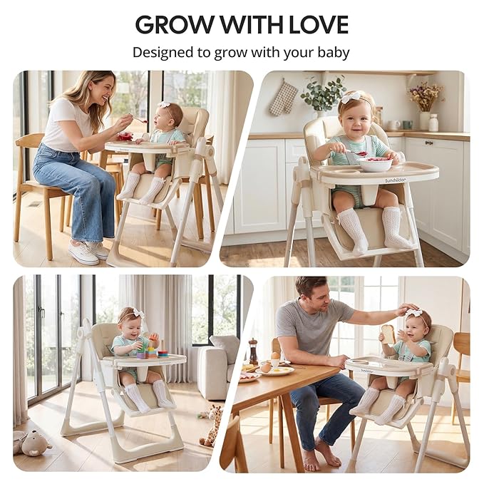 Sunchild 3-in-1 Baby High Chair with Wheels, 5-Point Harness, Tray, Footrest, and Backrest, Foldable and Adjustable for Toddlers 6-36 Months, Beige