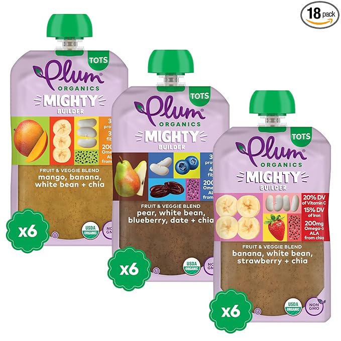 Plum Organics - 12+ Months Organic Baby Food Variety Pack - 3 Flavors - Non-GMO - Fruit & Veggie Blends On-The-Go Pouches for Baby and Toddler Meals - Quality Tested Ingredients - 4 oz (Pack Of 18)