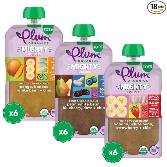 Plum Organics - 12+ Months Organic Baby Food Variety Pack - 3 Flavors - Non-GMO - Fruit & Veggie Blends On-The-Go Pouches for Baby and Toddler Meals - Quality Tested Ingredients - 4 oz (Pack Of 18)