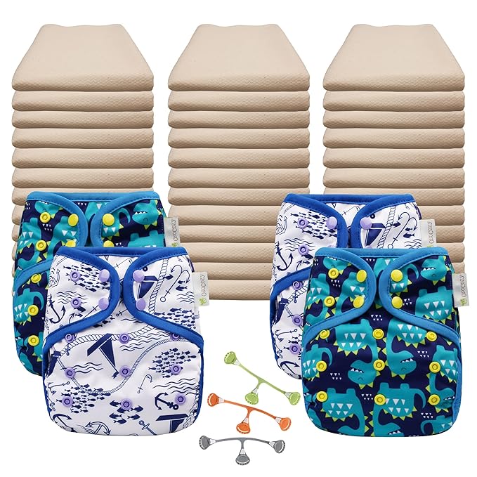 OsoCozy Economy Flat Cloth Diaper Package - 36 Unbleached Cotton Birdseye Weave Flat Diapers, 3 Snappi Diaper Fasteners, 4 OneSize Diaper Covers (2 Maritime, 2 Dragons)