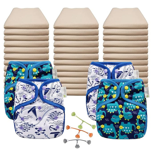 OsoCozy Economy Flat Cloth Diaper Package - 36 Unbleached Cotton Birdseye Weave Flat Diapers, 3 Snappi Diaper Fasteners, 4 OneSize Diaper Covers (2 Maritime, 2 Dragons)