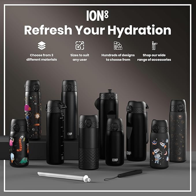 Ion8 Water Bottle, 500 ml/18 oz, Leak Proof, Easy to Open, Secure Lock, Dishwasher Safe, BPA Free, Hygienic Flip Cover, Carry Handle, Fits Cup Holders, Easy Clean, Odor Free, Carbon Neutral, Black