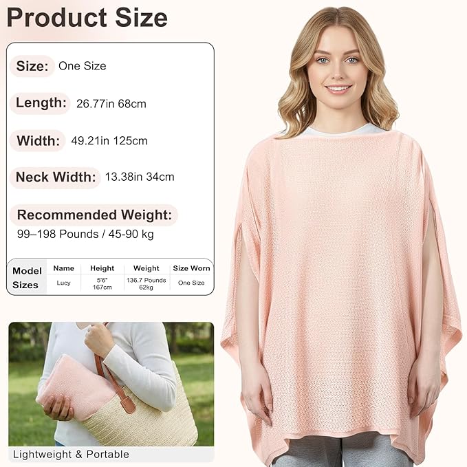 Knit Nursing Cover Up for Breastfeeding, Soft & Cozy Breastfeeding Poncho with Dual Side Slits, 360° Full Privacy Nursing Shawl with Laundry Bag, Pink