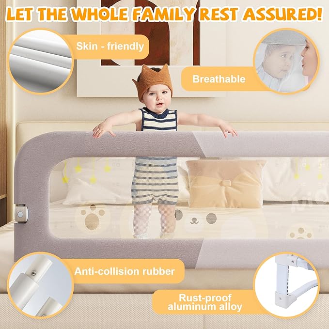 Bed Guard Rail for Toddlers - 47 inches Lift Foldable Toddler Bed Rails for Kids - Safety Baby Bed Rail Guard with Reinforced - Great Fit for Kids Twin Double, Full Size, Queen, King Size