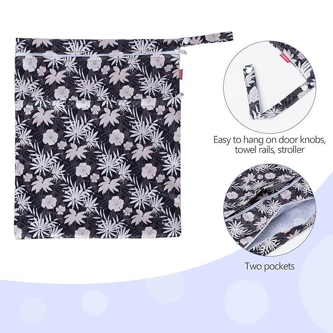 Damero 2 Pcs Wet Dry Bag for Cloth Diaper, Swimsuit, Clothes, Water-Resistant Reusable Wet Bag for Travel, Exercise, Beach, Pool, Daycare, Coffee Flowers