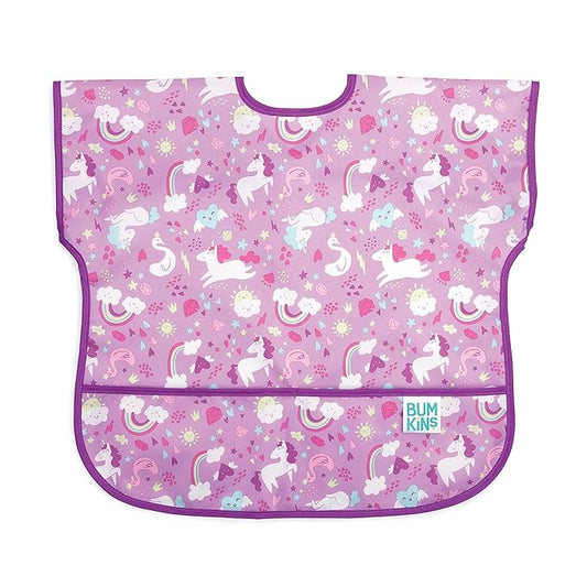 Bumkins Short Sleeve Bib for Girl or Boy, Toddler and Kids for 1-3 Years, Large Size, Essential Must Have for Junior Children, Eating, Mess Saving Soft Fabric Apron for Play, Unicorns Purple