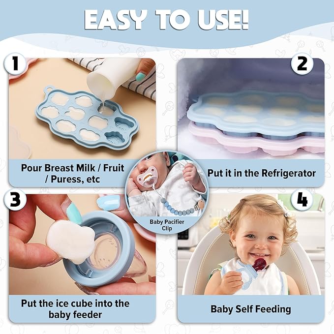 Set 1 : O’doe Silicone Baby Popsicle Molds & 1 Baby Food Feeders with 1 Clip, 1-Pack Freezer Tray with Lid, 10-Hole Popsicle Molds for Teething Relief, Includes 3 Extra Pacifiers, BPA Free (Blue)
