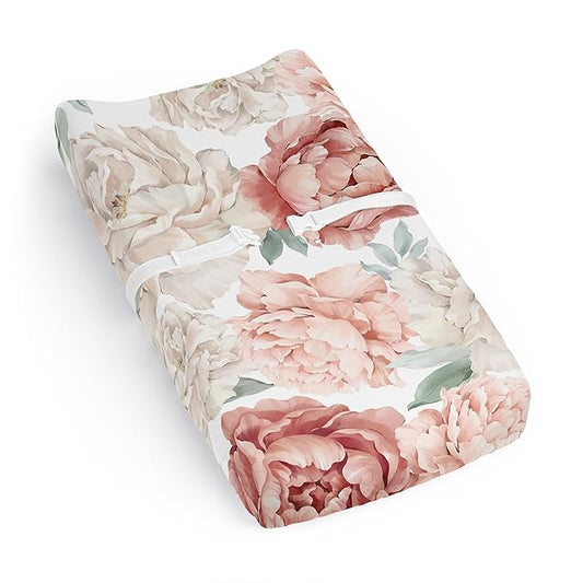 Sweet Jojo Designs Baby Changing Pad Cover Sheet (Boho Shabby Chic Floral) for Girls, Infant/Newborn Diaper Change Table Mat Covers (Blush Pink & Ivory, Bohemian, Vintage, Garden, Watercolor, Elegant)