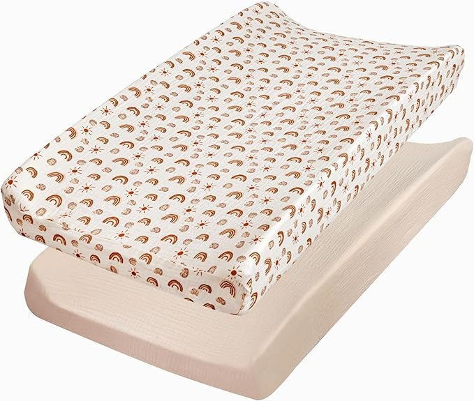 Baby Changing Pad Covers Boy, 2-Pack Changing Table Sheets, 100% Cotton Muslin Changing Pad Covers, 32"x16" x 8" Diaper Changing Pad Cover Boy, Oeko-TEX (Rainbow + Neutral Beige Changing Pad Cover)