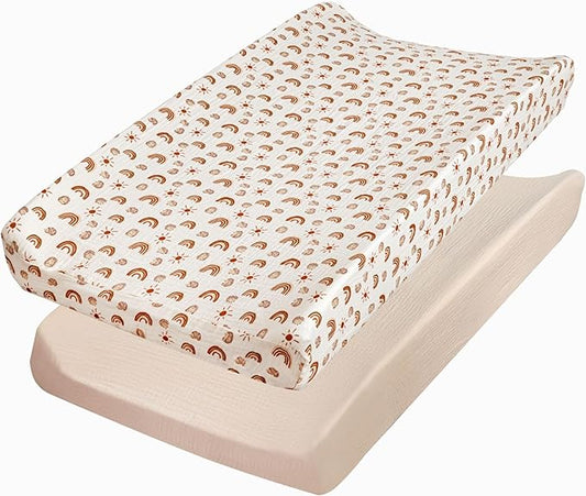 Baby Changing Pad Covers Boy, 2-Pack Changing Table Sheets, 100% Cotton Muslin Changing Pad Covers, 32"x16" x 8" Diaper Changing Pad Cover Boy, Oeko-TEX (Rainbow + Neutral Beige Changing Pad Cover)