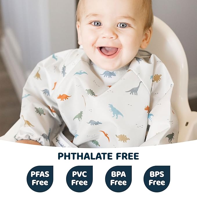 Tiny Twinkle Long Sleeve Bib for Babies & Toddlers | Waterproof Smock Bib for Eating | Machine Washable & Mess-Proof Feeding Essentials | Newborn Shower Gift (Dinosaur, 6–24M)