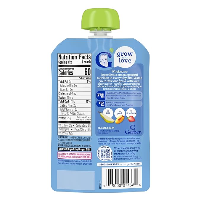 Gerber Stage 2 Baby Food, Organic Pear Peach Strawberry Puree Pouch, 2 Servings of Fruit, No Added Sweetener, No Artificial Colors or Flavors