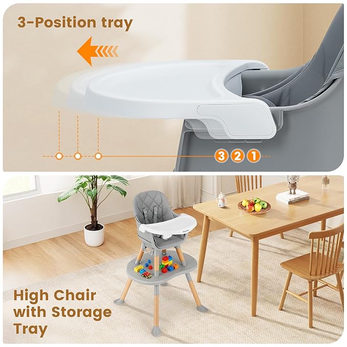 Ezebaby 8-in-1 Baby High Chair, Convertible High Chair for Babies and Toddlers/Booster Seat/Toddler Chair/Table & Chair Set/Kids Stool, Wood Highchair with Removable Tray, Seatbelt, PU Cushion (Gray)
