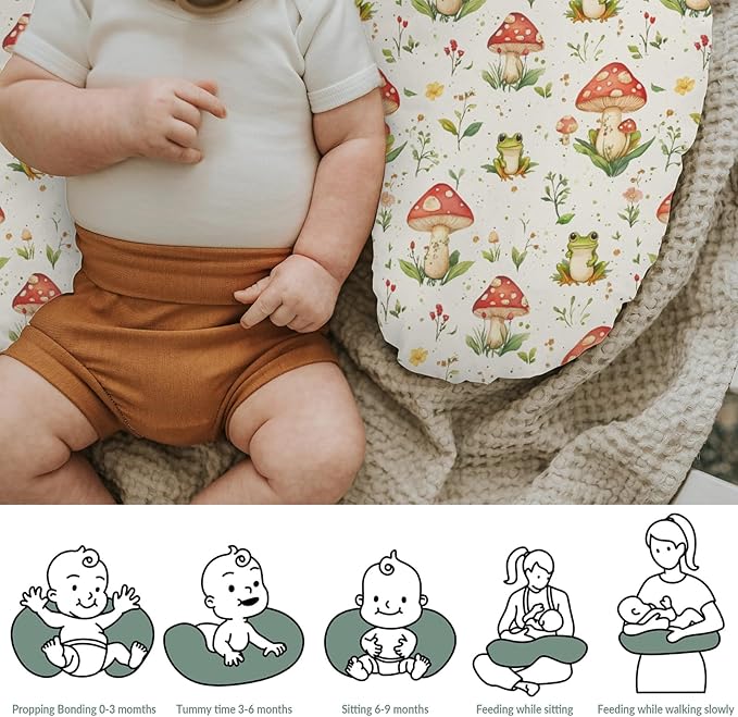 Green Frogs Mushroom Forest Baby Nursing Pillow Covers for Boy Girl Fairytale Frogs Nursing Slipcovers for Breastfeeding Pillows Animal Soft Stretchy Removable Cover for Newborn Infant