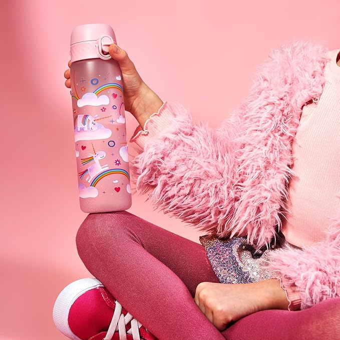 Ion8 Water Bottle, 500 ml/18 oz, Leak Proof, Easy to Open, Secure Lock, Dishwasher Safe, BPA Free, Flip Cover, Carry Handle, Easy Clean, Odor Free, Carbon Neutral, Pink, Unicorn Rainbows Design