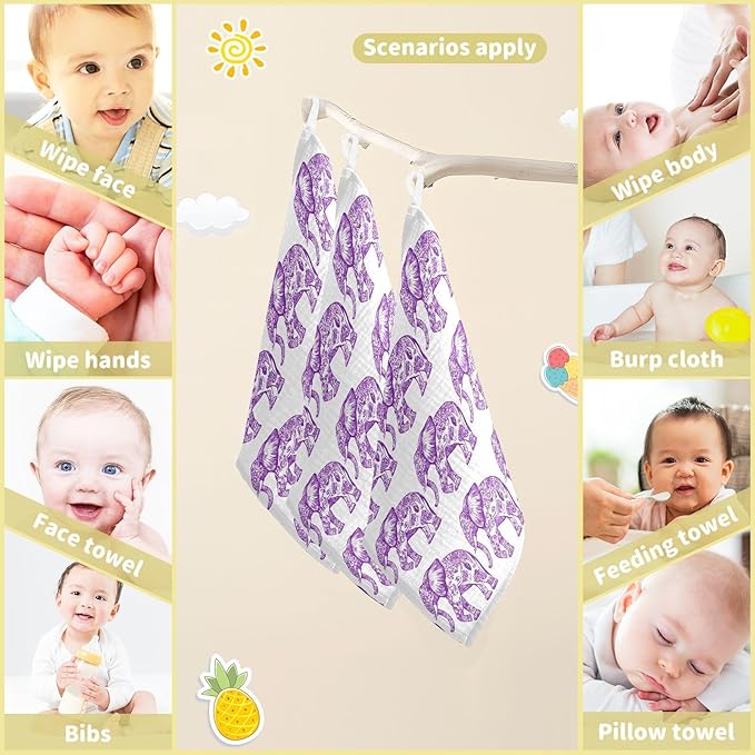 vvfelixl Baby Muslin Washcloths Purple Outline Elephant Baby Burp Cloths Cotton Babys Face Towel for Newborn Infants Boys Girls Soft and Absorbent 11.8 X 11.8 in, 3 Pack