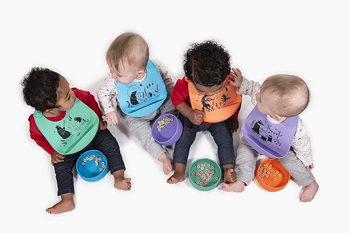 Modern Twist Bucket-Bib 100% Food-Grade Silicone, Waterproof and Reusable, Badger Family – Lavender