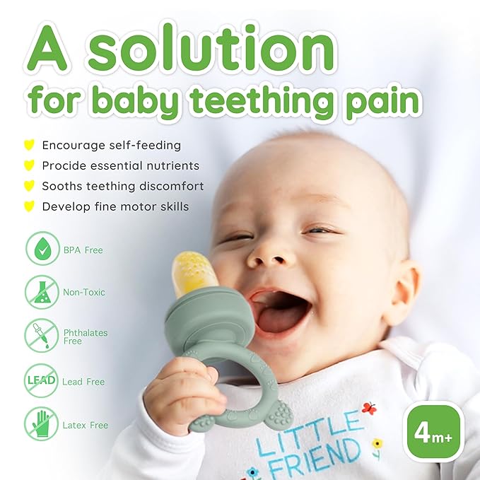 Silicone Baby Fruit Feeder & Freezer Tray Set, Breast Milk Popsicle Mold, BPA Free for 3+ Months, Includes Silicone Pouches (Sage)